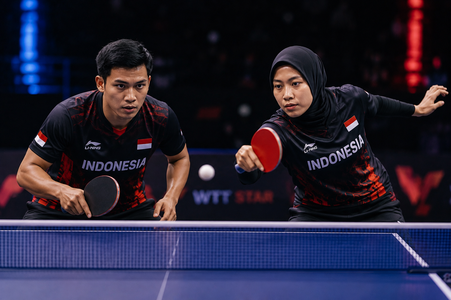 Pemain tenis meja putra dan putri tim nasional Indonesia beraksi dalam pertandingan